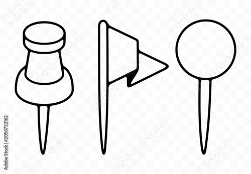 Pushpin, flag pin, thumbtack for office board, graphic design. Memo fixing, map location marker and gps pointer, vector design and illustration