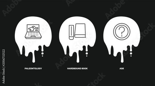 distance learning icon set with paleontology, hardbound book, ask signs in flat outline style
