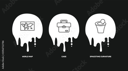 Bild auf Leinwand education icon set with world map, case, spacetime curvature signs in flat outli