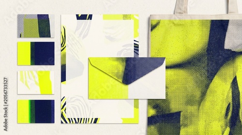 Abstract patterned stationery set in bold yellow and navy blue with stationery notebook envelope branding template abstract corporate business creative identity