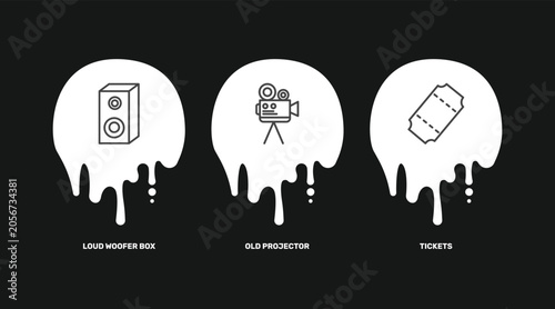 Foto cinema and theater icon set with loud woofer box, old projector, tickets signs i