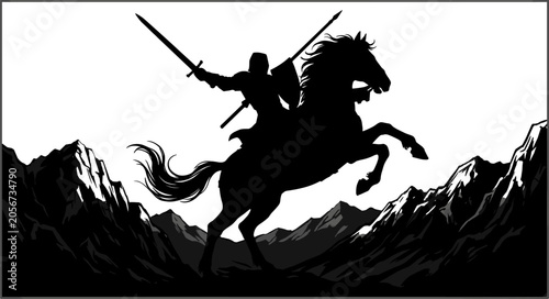 Tableau sur toile Medieval Knight on Rearing Horse Silhouette with Mountain Landscape Representing