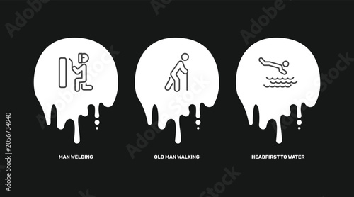 behavior and action icon set with man welding, old man walking, headfirst to water signs in flat outline style
