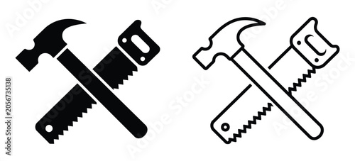Schilderij op canvas Hand saw and hammer icons in black and colored versions, designed for construction, carpentry, repair services, web interfaces, and mobile applications
