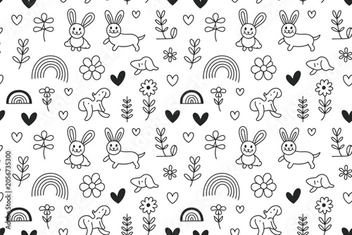 Seamless pattern with hand drawn rabbits flowers and hearts