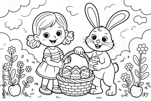Girl and easter bunny holding basket of eggs drawing with seasonal