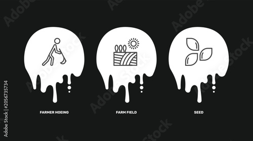 Fotografie agriculture and farm icon set with farmer hoeing, farm field, seed signs in flat