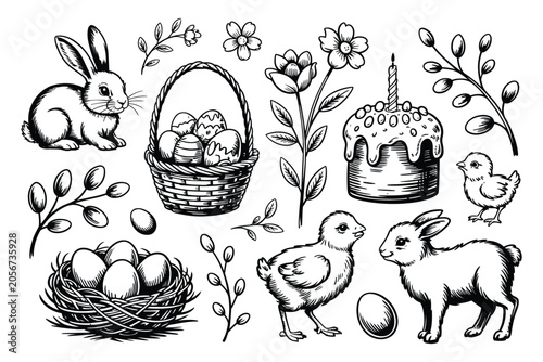 Easter holiday icons hand drawn illustration set with celebration