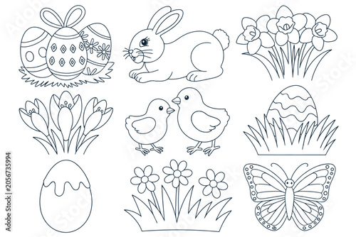 Easter coloring page elements set with coloring, butterfly
