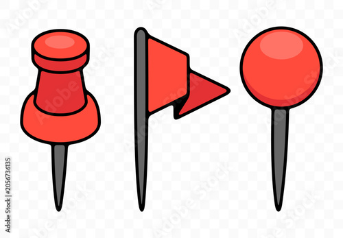 Pushpin, flag pin, thumbtack for office board, graphic design. Memo fixing, map location marker and gps pointer, vector design and illustration