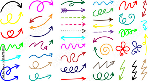 Colorful hand drawn doodle arrows vector set isolated on white background illustration