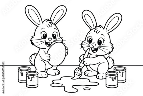 Two easter bunnies painting eggs cartoon coloring page