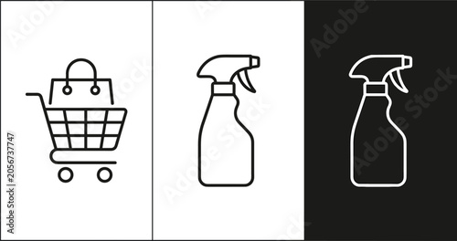 Grocery Shopping and Cleaning Product Icon Set Featuring Retail Shopping Cart, Paper Bag, and Spray Bottle Symbols for E-commerce Websites