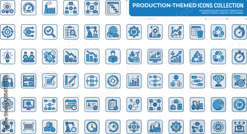 Production Themed Icon Collection Featuring Manufacturing Factory Automation Logistics Shipping Planning Management Sustainability and Business Productivity Symbols for Digital Media Designs