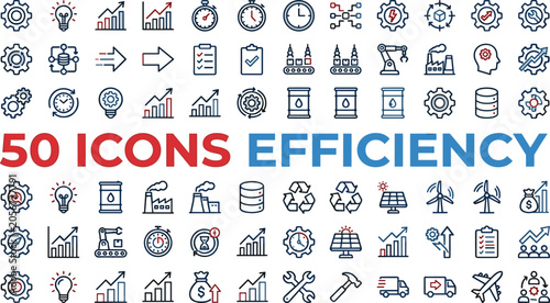 Professional Efficiency Icon Set Featuring Business Growth Graphs, Industrial Automation, Renewable Energy, Time Management, and Productivity Symbols for Digital Media Design