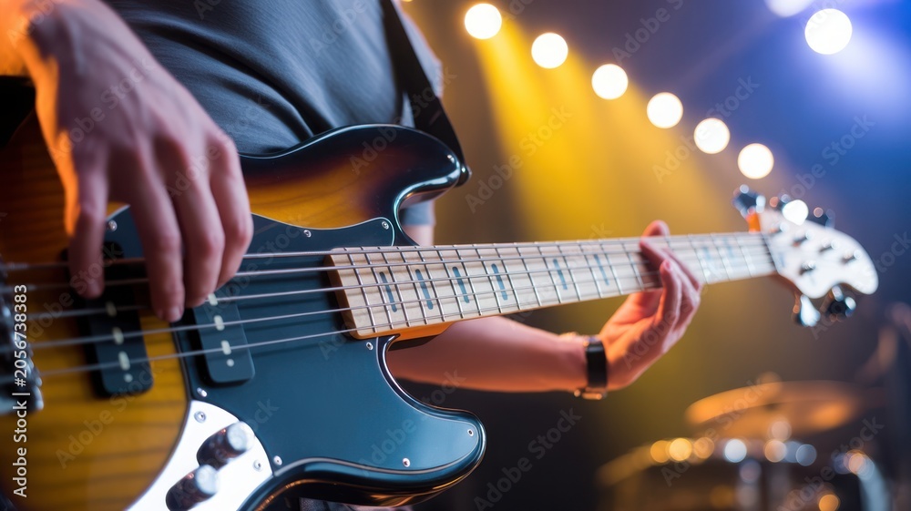 Obraz premium Bass guitarist performing on stage with atmospheric bokeh lighting in the background