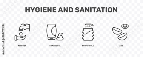 Fotografía hygiene and sanitation icon set with ablution, shaving gel, pump bottle, lens si