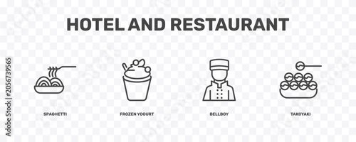 Bild auf Leinwand hotel and restaurant icon set with spaghetti, frozen yogurt, bellboy, takoyaki s