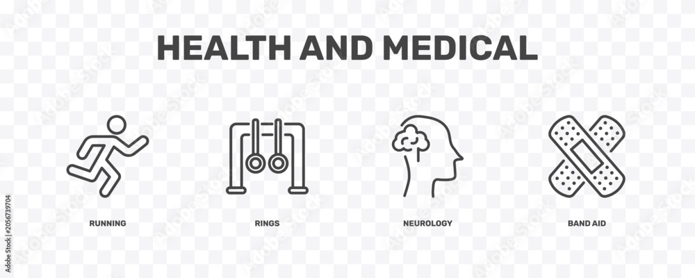 Fototapeta premium health and medical icon set with running, rings, neurology, band aid signs in flat outline style
