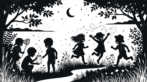 Fotografie Silhouette of happy kids catching fireflies at night in a park, children playing