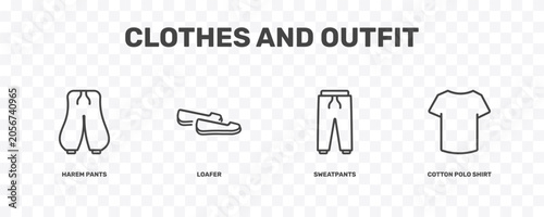 Bild auf Leinwand clothes and outfit icon set with harem pants, loafer, sweatpants, cotton polo sh