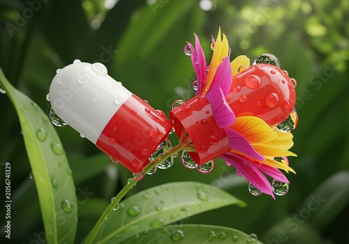 Medicinal capsule morphs into vibrant petals with water droplets
