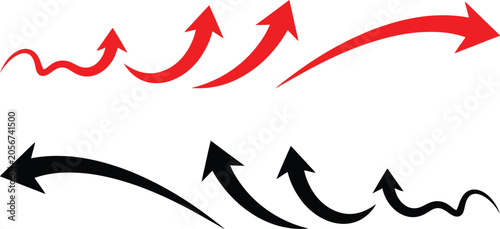 Collection of dynamic red and black arrow shapes various curves and angles isolated on transparent background