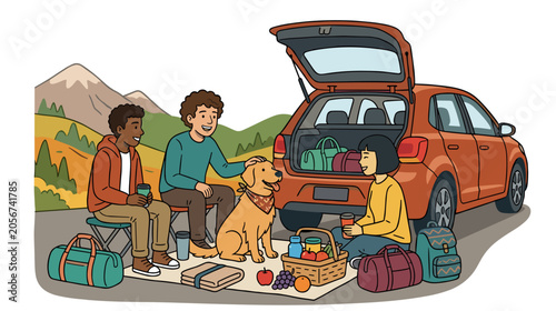 Diverse young friends having road trip picnic with golden retriever near orange hatchback and mountain road concept of weekend travel