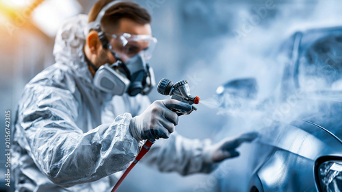 A man wearing a protective jumpsuit and a respirator is spraying paint onto a car body in a workshop, a process known as car body painting.