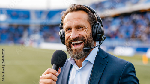 An energetic sports commentator with headphones holds a microphone in front of a stadium backdrop, a close-up of the host during a broadcast.
