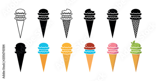 Ice cream cone vector flat icons set with 2 balls on white background.  Solid and line, black and colourful illustrations for web and menu design. Summer vibe, fast food silhouette.