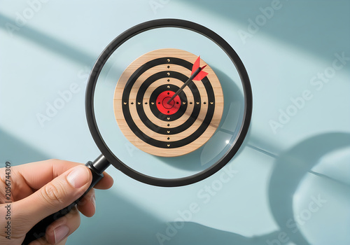 A hand holding a magnifying glass looking at a dart hitting the center of a target board on a light green background