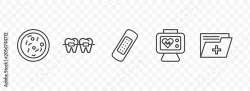 medical icon set with bacteria, braces, heart rate monitor, medical records signs in flat outline style