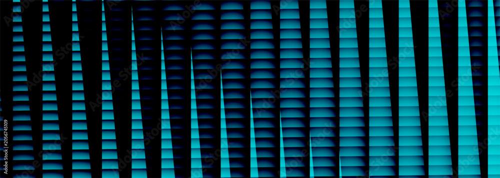 Naklejka premium Dark abstract background with repeating vertical cyan and blue bars, thin lines, and glowing curved highlights over a black backdrop, creating a modern futuristic pattern banner.
