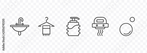 Foto hygiene and sanitation icon set with washbowl, face towel, hand dryer, bubble si
