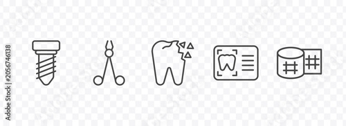 dental health icon set with implant fixture, dentist scissors, dental monitor, gauze signs in flat outline style