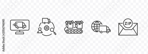 Foto delivery and logistics icon set with delivery monitor, supply chain, worldwide d