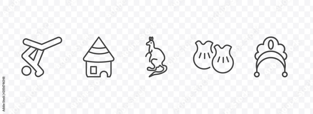 Obraz premium culture and civilization icon set with capoeira brazil dancers, mud hut, wontons, kokoshnik signs in flat outline style