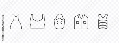 Foto clothes and outfit icon set with drees, draped top, formal shirt, padded vest si
