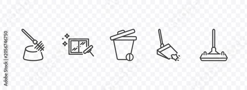 cleaning icon set with toilet brush cleanin, window cleanin, dustpan cleanin, wiping vacuum tool signs in flat outline style