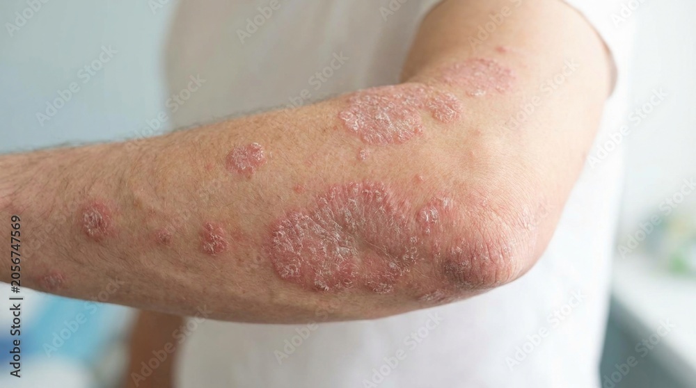 Fototapeta premium Dermal disease flareup: psoriasis plaque, erythematous patch, epidermal scaling, elbow lesion, patient arm, autoimmune symptom, medical issue, chronic inflammation.