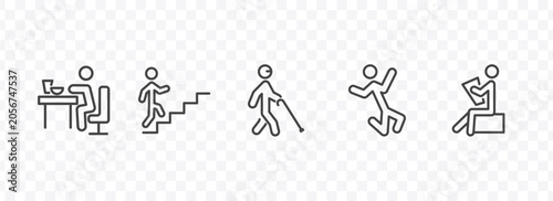 behavior and action icon set with man eating, climbing stairs, stick man jumping, stick man reading signs in flat outline style