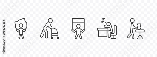 Fotografie behavior and action icon set with rope jumping, old man with cane, man snoozing,