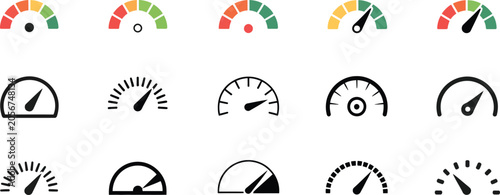 Speedometer Icon Speed Indicator Gauge with Arrow, Dashboard Meter, Tachometer Scale Symbol and Performance Measurement Vector Illustration