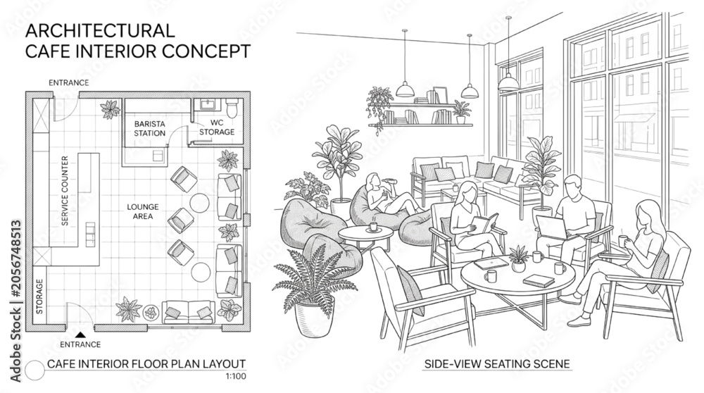 Obraz premium Detailed CAD Architectural Plan for Modern Cafe Interior Design Concept with Diverse Seating Layout