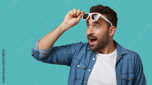 Surprised man lifting sunglasses in amazement, shocked male model with open mouth, excited guy in denim shirt on turquoise background
