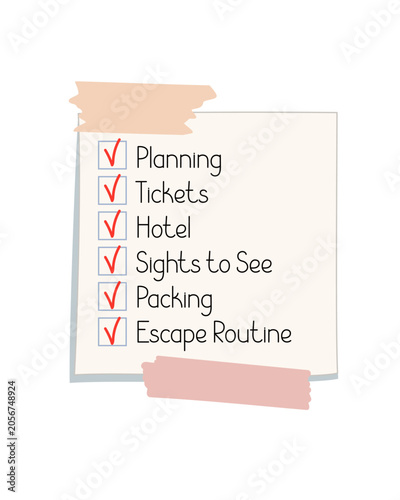 Sticky note paper with cute washi tape for travel checklist, boxes to mark actions for travelling plan, tickets, hotel, sights, packing, escaping dull daily routine, simple hand drawn illustration