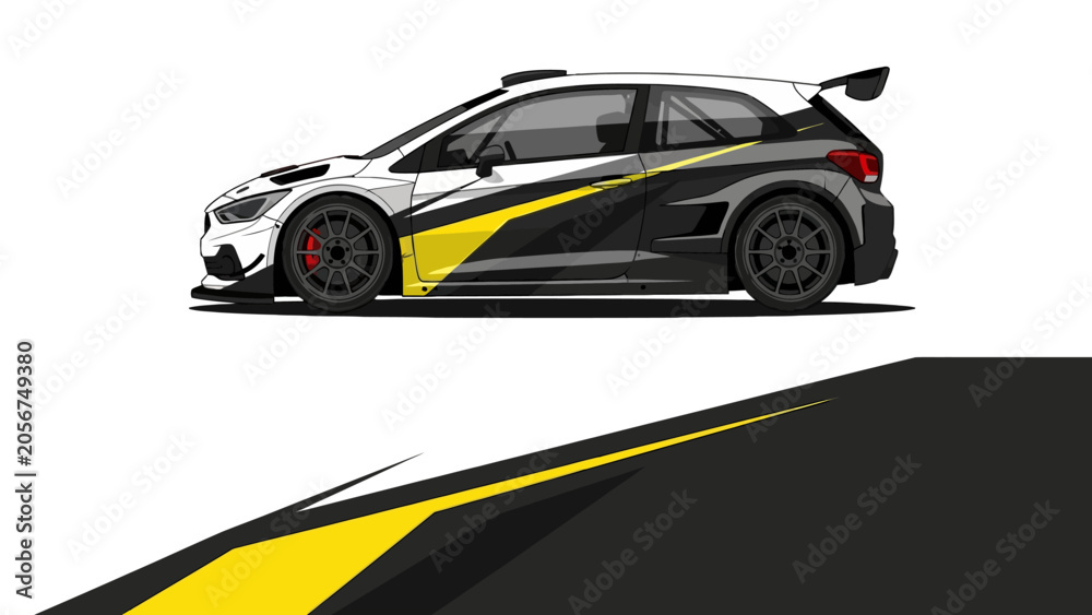 Naklejka premium Side view of a black and yellow racing car with bold livery and aerodynamic styling.