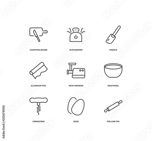 Foto kitchen icon set with chopping board, bun warmer, paddle, rolling pin signs in f