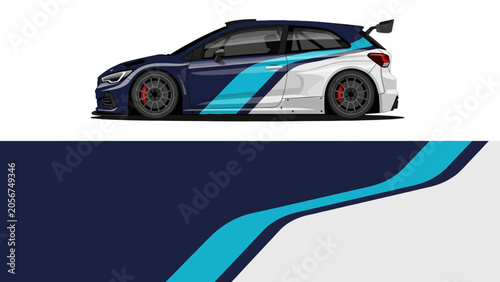 Sleek blue accented race car side profile on white background.